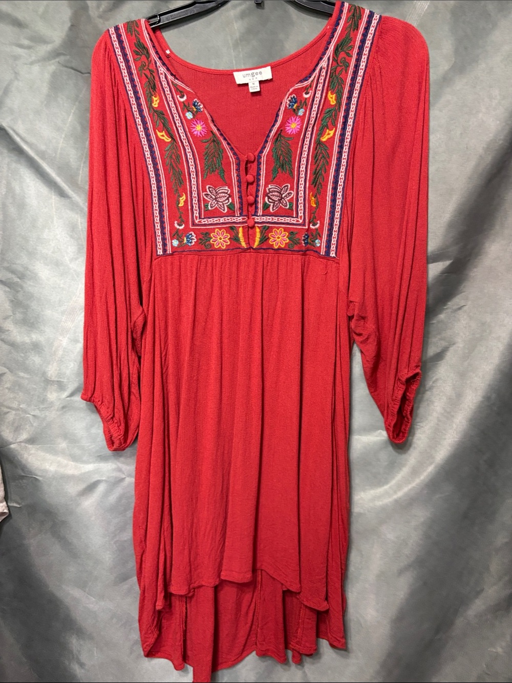 Umgee Red/Rusty Boho Embroidered High-Low Dress